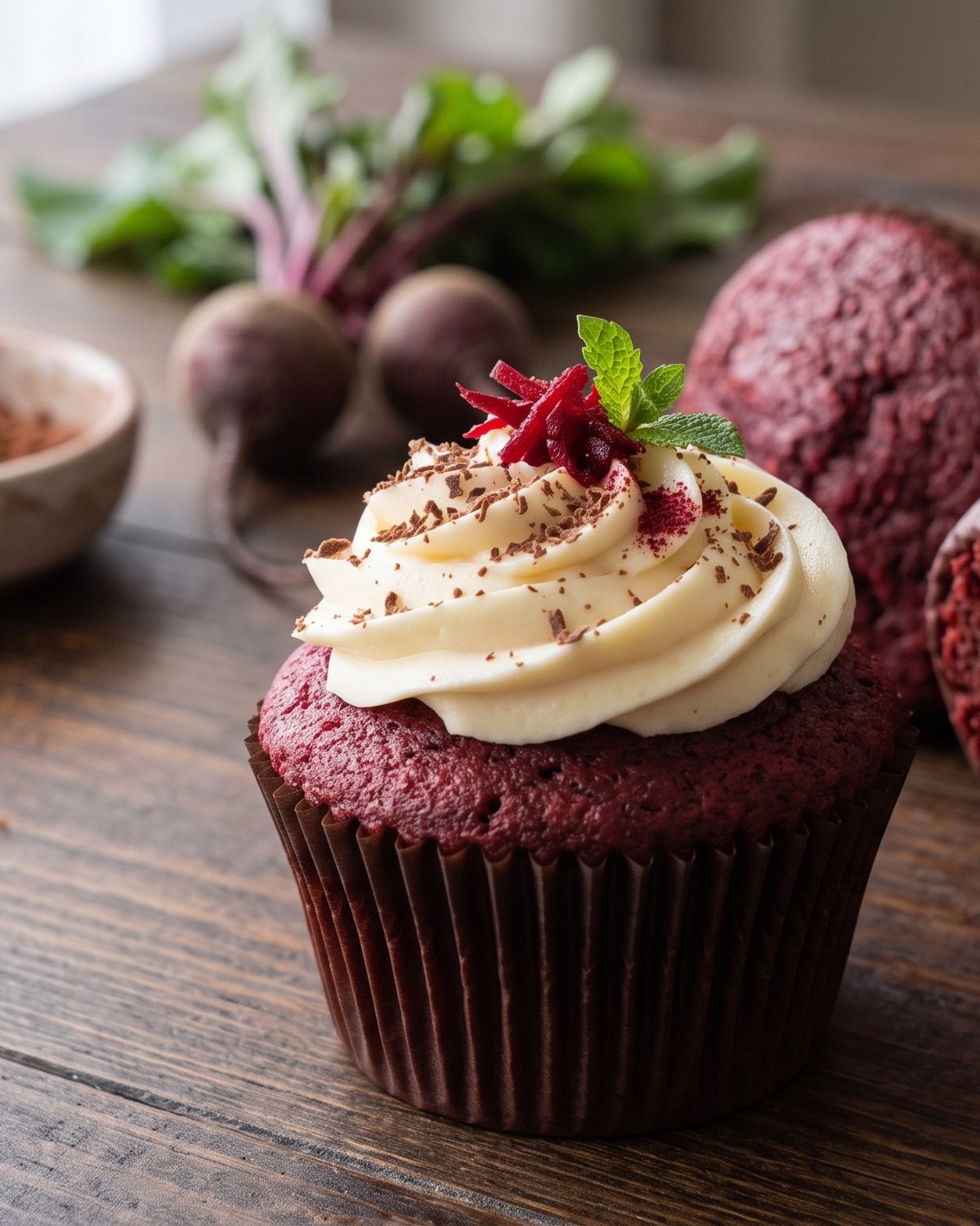 Beet Velvet Cocoa cupcake with cream frosting