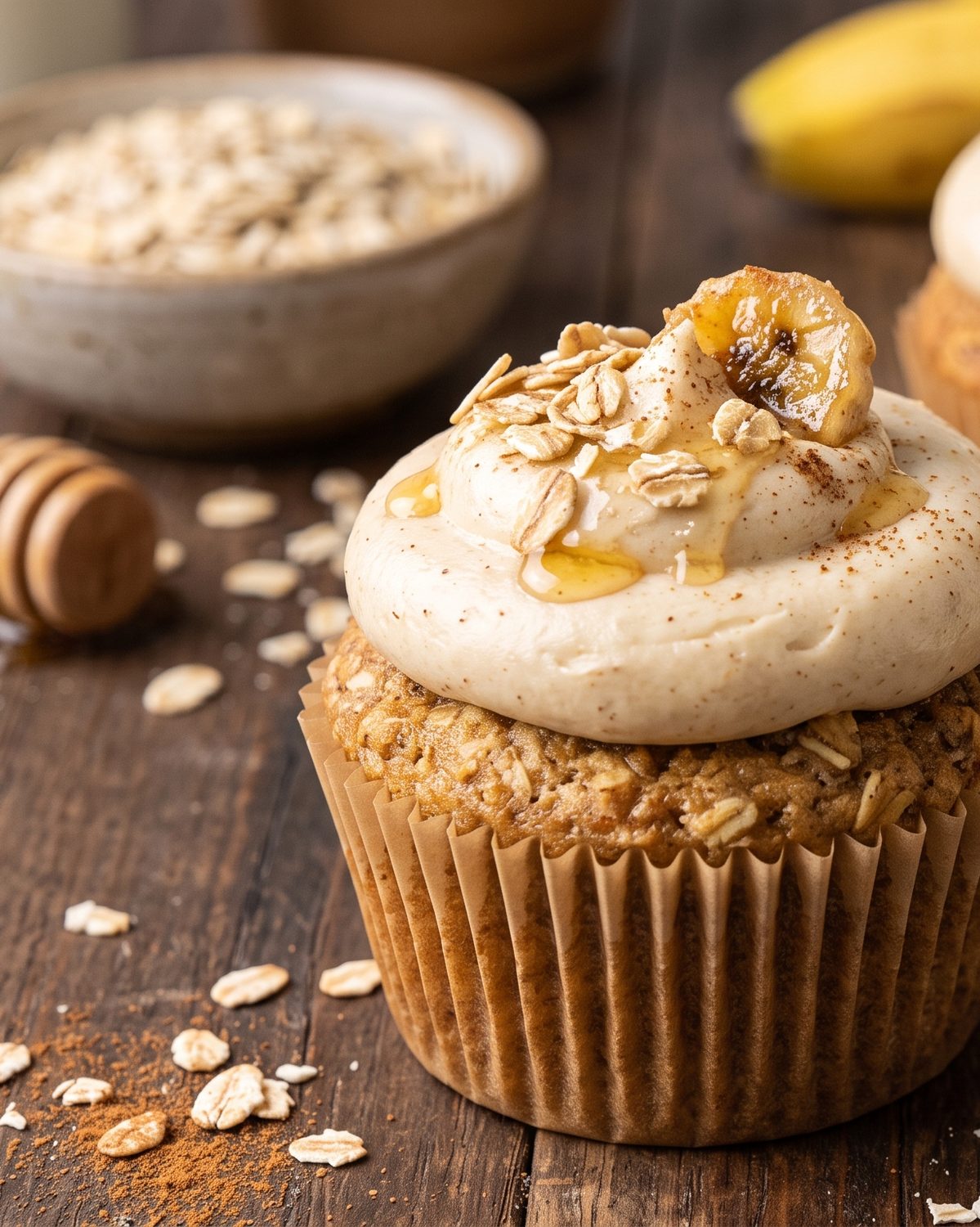 Golden Banana Oat cupcake with honey and oats